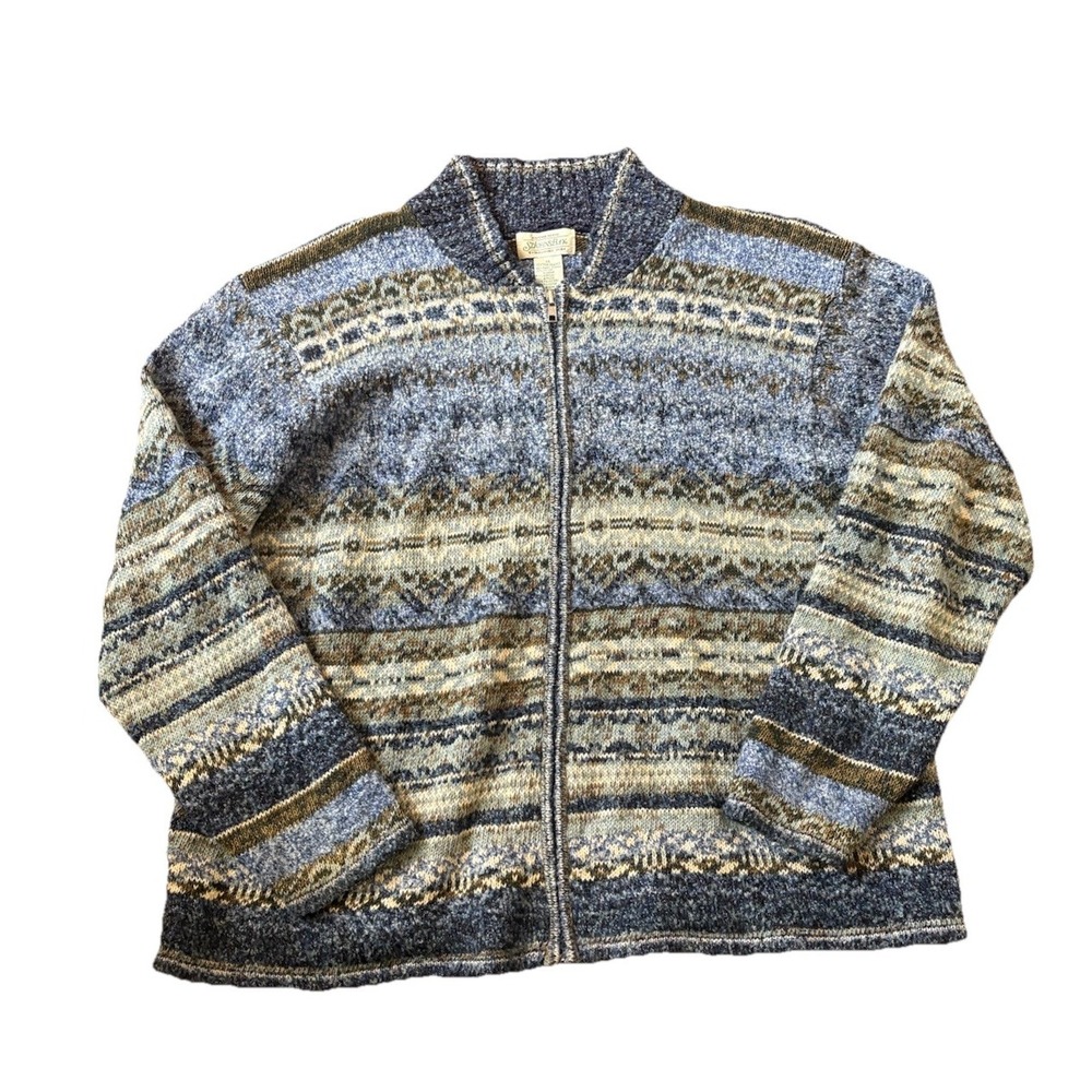 Women's Vintage Sweater Icelandic Knit XL Fair Isle 90s St. John's Bay Zip Blue